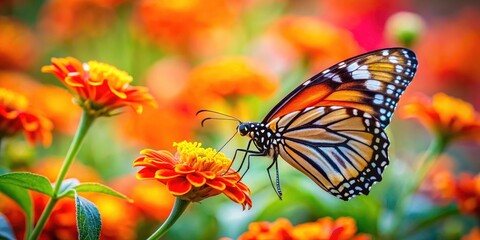 Obraz premium Minimalist Butterfly Photography: Colorful Butterfly on Orange Flower, Floral Still Life