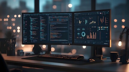 Modern Programmer Workspace Dual Monitors Night Coding Software Development Data Analytics Dark Theme Elegant Setup Professional Programmer           