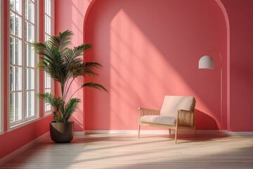 Cozy Living Room Interior with Coral Pink Wall and Minimalist Decor