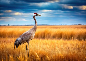 Panoramic Meadow Crane Photography: Tall Grass, Autumn, Bird, Wildlife, Nature