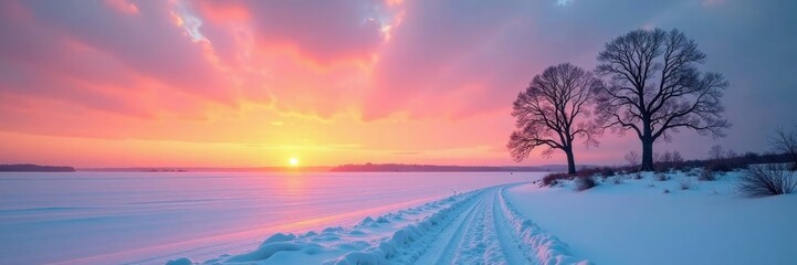 Fototapeta premium Distant snowy landscape with bare trees at sunset, frozen, landscape, desolate