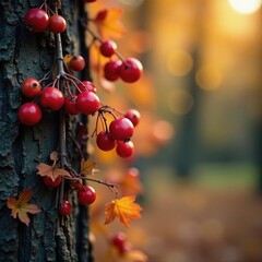 Dried flowers and berries add warm hues to the tree's trunk, berries, autumnal colors