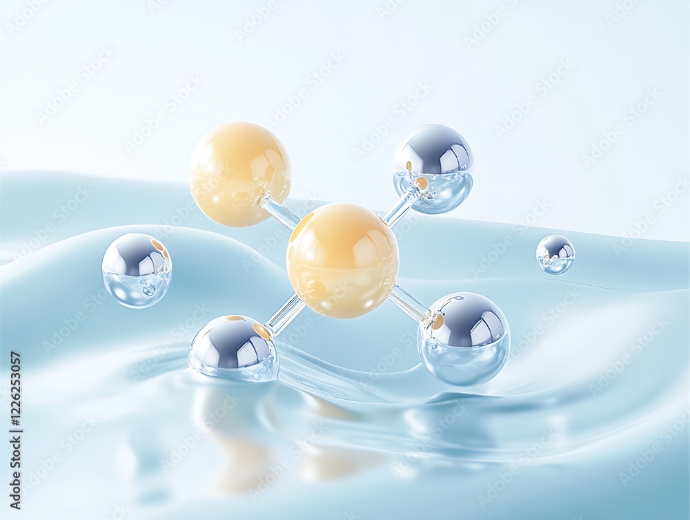 Poster molecular structure of glossy metallic spheres on fluid blue surface : generative ai