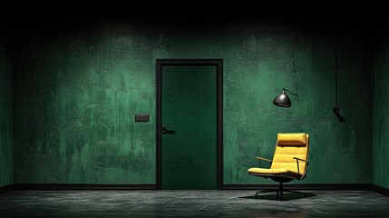 Dark green room, yellow chair, door, suspense. Interior design, website background