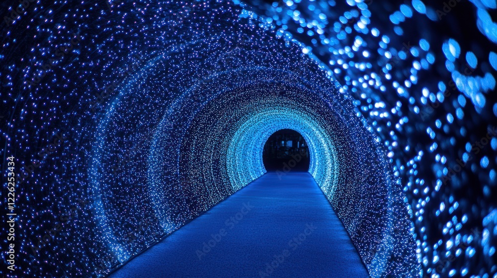 Poster blue illuminated tunnel with a dark end, creating a sense of wonder and depth
