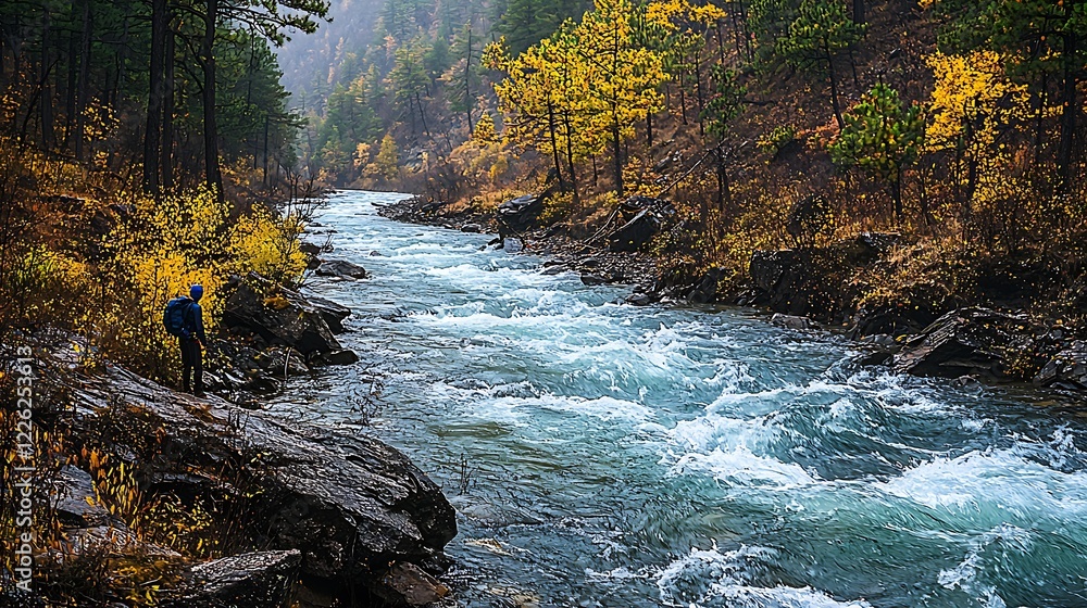 Aufkleber hiker by flowing mountain stream in enchanting autumn forest with golden yellow leaves : generative 