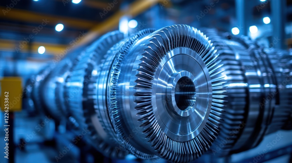 Poster close-up of a large industrial metallic rotor, showcasing intricate details and precision engineerin