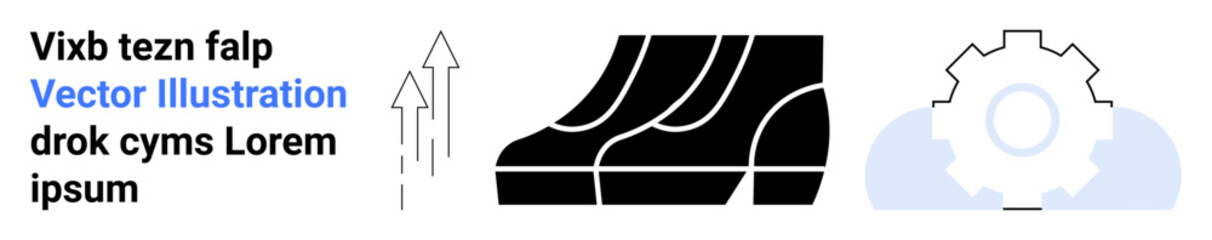 Arrows rising symbolizing growth, stacked layers suggest structure, gear represents automation. Ideal for business growth, process optimization, engineering, analytics, strategy, teamwork flat