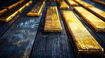 Obraz premium Golden Bars On Dark Wooden Background, Luxury Concept With Copy Space, High Resolution