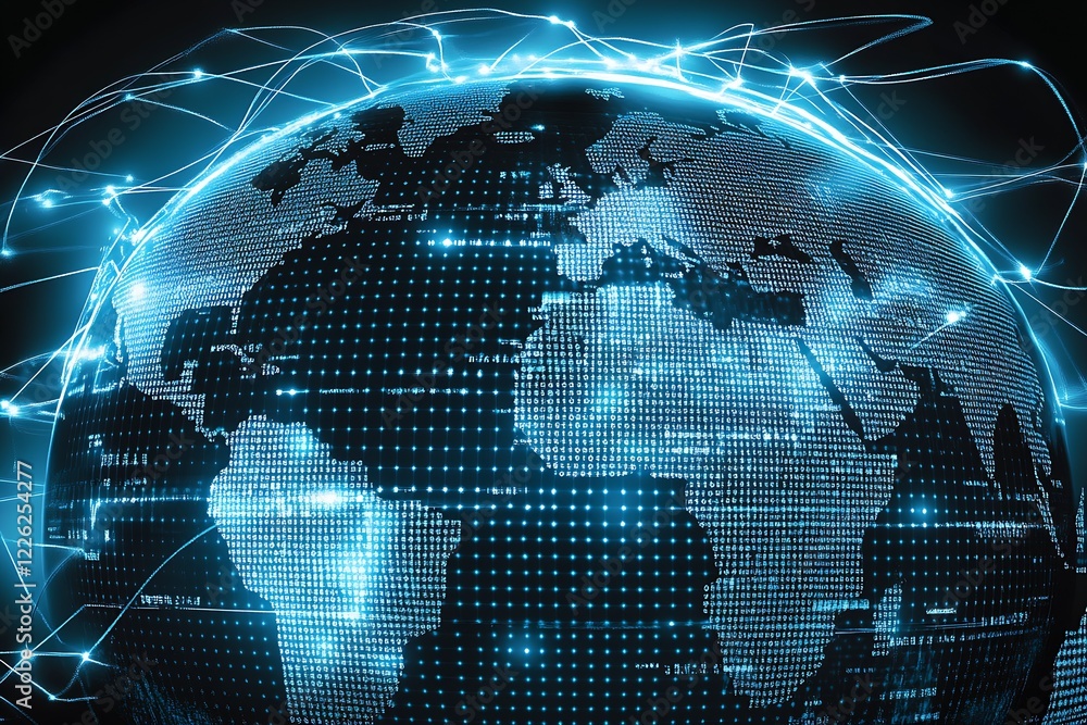 Poster Illuminated digital globe with blue data connectivity and network representation : Generative AI