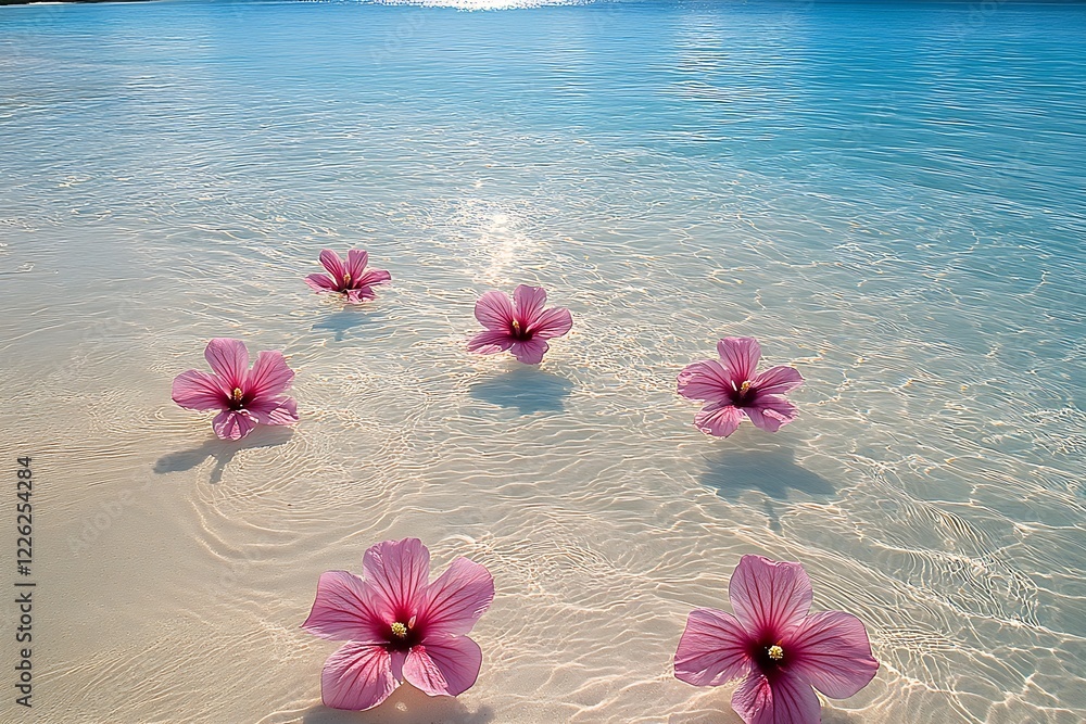 Aufkleber exquisite pink hibiscus blooms floating idyllically on pristine beach waters : generative ai