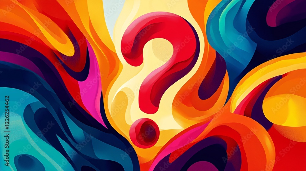 Poster Large red question mark is emerging from a colorful abstract background