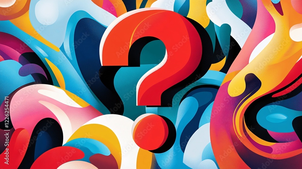 Poster vibrant and abstract background showcases a big, red question mark, representing curiosity and uncer