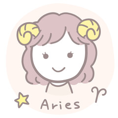 シンプルかわいい女の子のおひつじ座イラスト 英語・シンボル入り