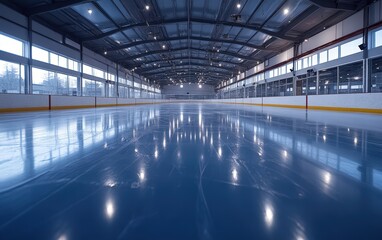 Fototapeta premium Gleaming Ice: An empty hockey rink awaits the thrill of the game. Prepare for the action!