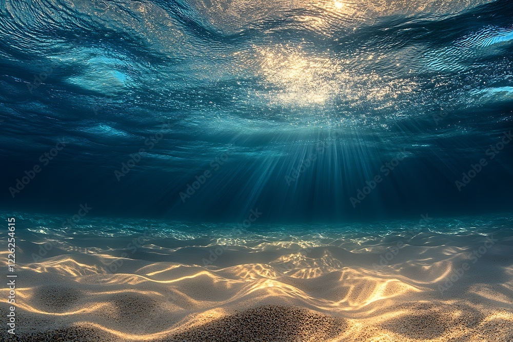 Poster Dazzling Ocean Floor Illumination with Radiant Sunlight and Wavy Sand Patterns : Generative AI