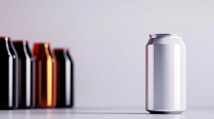 Fototapeta premium Sleek White Can Stands Out Against Colorful Aluminum Beverage Cans