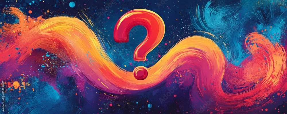 Poster Big red question mark is floating in a colorful space with abstract brush strokes