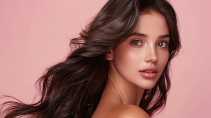 Naklejka premium Beautiful Woman with Long Healthy Shiny Brown Hair on a pink background, AI generated image