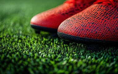 Close-up: Red soccer cleats rest on vibrant green turf, ready for action!
