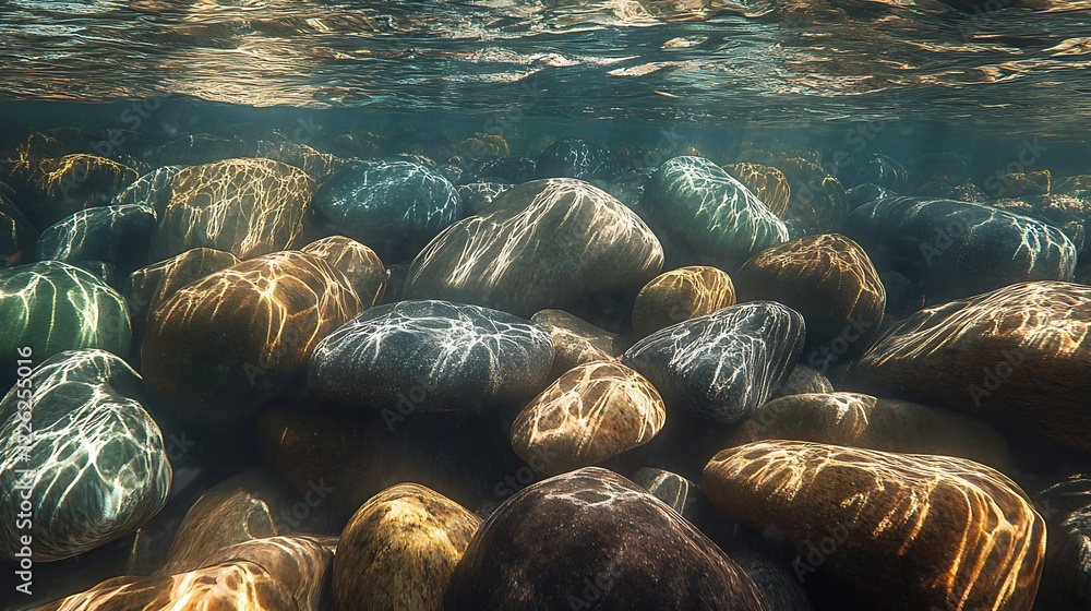Aufkleber underwater view of colorful polished river rocks with sunlight patterns : generative ai