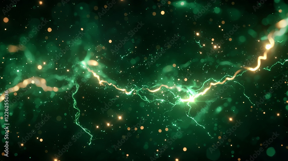 Poster green lightning and sparks in a mystical background with bokeh effects