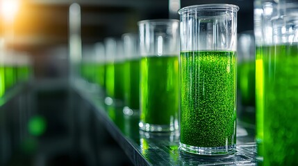 Bright Green Algae Cultures in Laboratory Glassware Setting