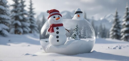 Fototapeta premium Glass globe containing a snowman in a snowy landscape , snowy landscape, frosty