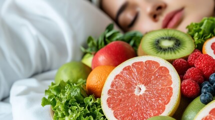 A serene scene featuring a woman sleeping beside a vibrant assortment of fresh fruits and greens.