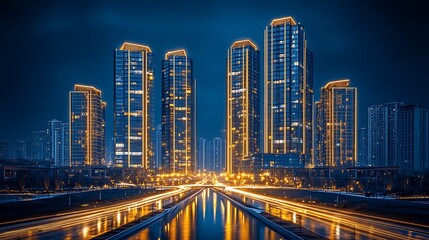 Fototapeta premium Futuristic Urban Skyline with Illuminated High-Rise Towers and Reflective River at Night : Generative AI