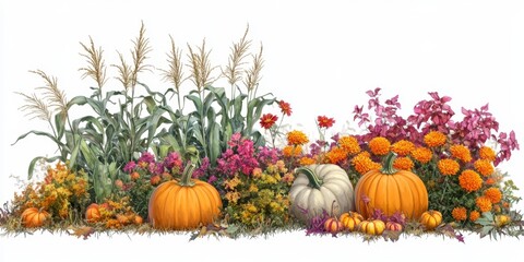 Vibrant Autumn Harvest Arrangement Featuring Pumpkins, Corn, and Colorful Flowers Against a White Background