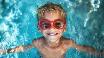 Naklejka premium Young caucasian boy enjoying swimming pool with red glasses