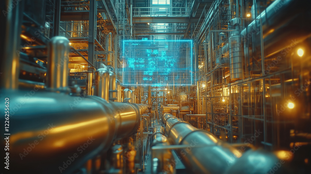 Poster advanced industrial factory with futuristic digital interface and complex pipe system