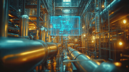 Fototapeta premium Advanced industrial factory with futuristic digital interface and complex pipe system
