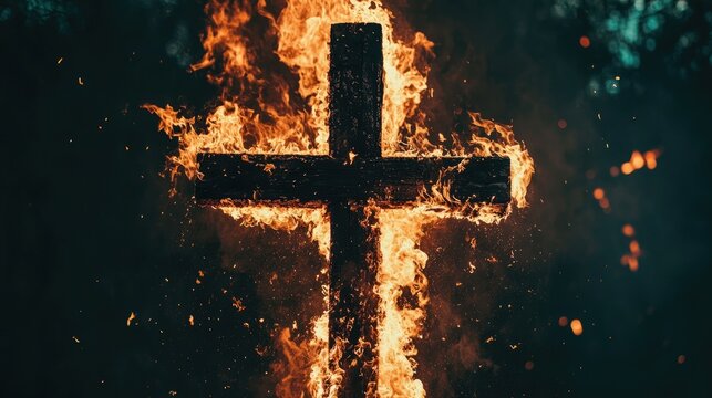 A low-angle shot of a wooden cross burning brightly, flames dancing wildly in the dark, creating an intense and moody atmosphere.
