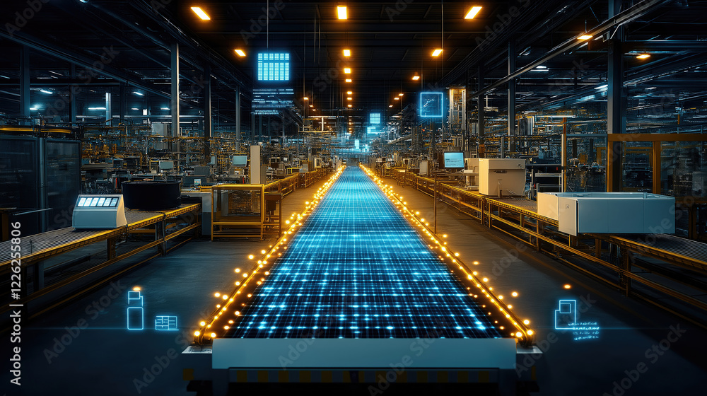 Poster futuristic automated factory with digital conveyor system in modern industrial setting