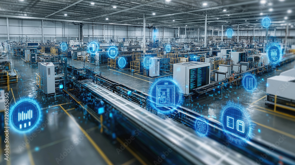 Poster smart factory with advanced automation and iot technology in a modern industrial setting