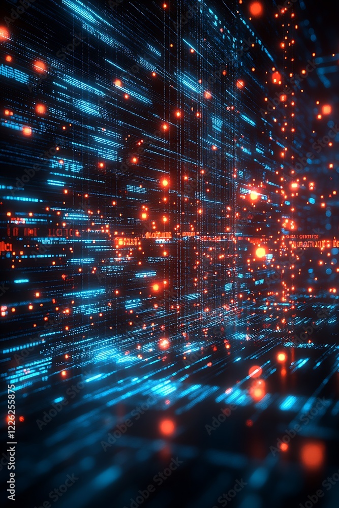 Poster Digital Grid Architecture with Dynamic Blue and Orange Vast Network Lines and Dots : Generative AI
