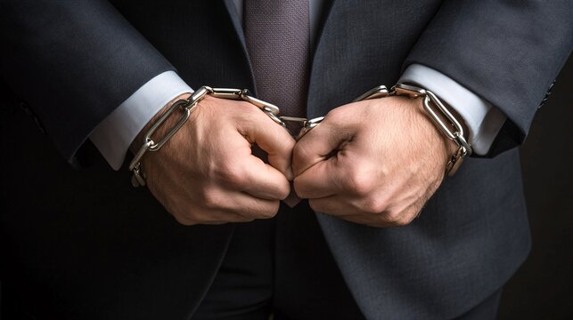 Businessman in handcuffs clasping his hands together