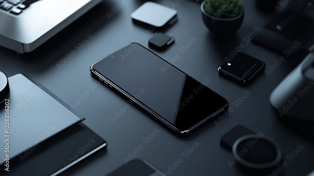 Poster black smartphone with blank screen laying on a workspace desk surrounded by other gadgets