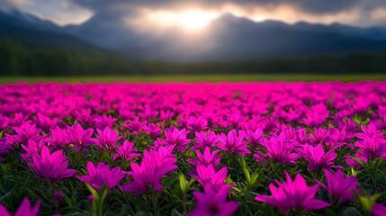 Fototapeta premium Vibrant Pink Flowers Blooming in Scenic Mountain Landscape at Sunrise