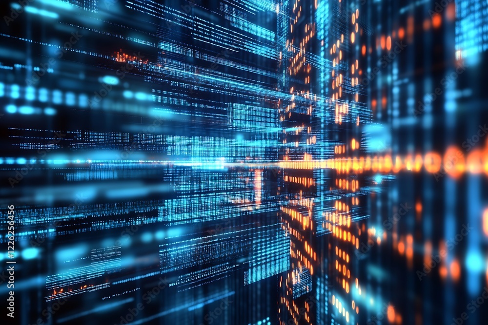 Aufkleber Glowing Abstract Cyber Network with Digital Data Code and Futuristic Patterns in Blue and Orange : Generative AI