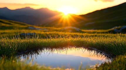 Fototapeta premium Serene Sunrise Over Mountain Landscape with Reflective Water Pool