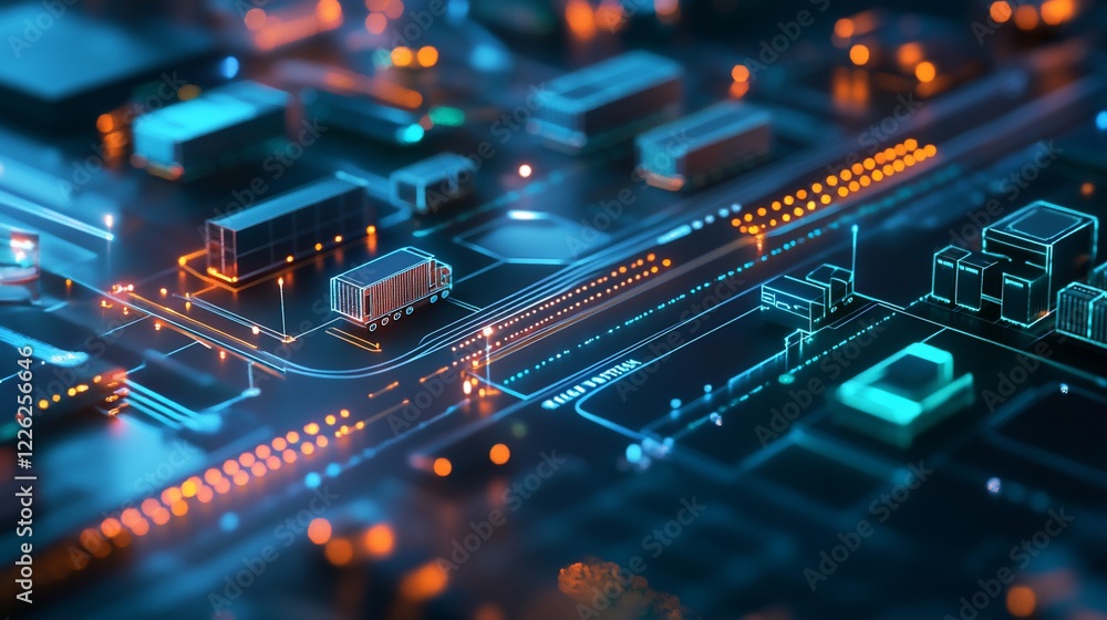 Poster abstract digital representation of a transportation network with glowing lines and vehicles
