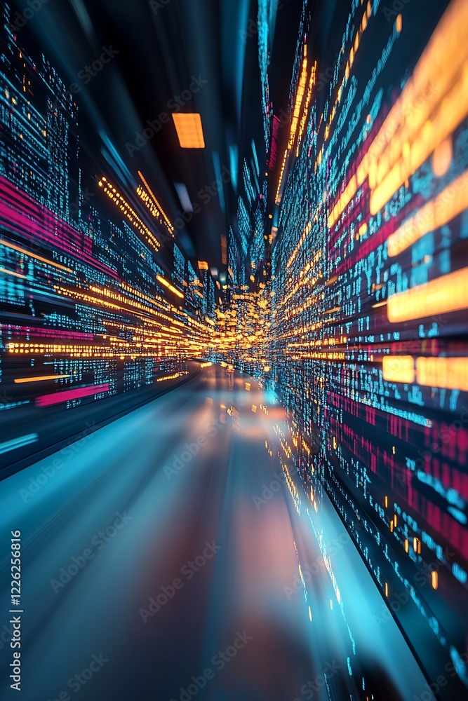 Fototapete High-Speed Motion of Digital Data in a Futuristic Cyber Tunnel Environment : Generative AI