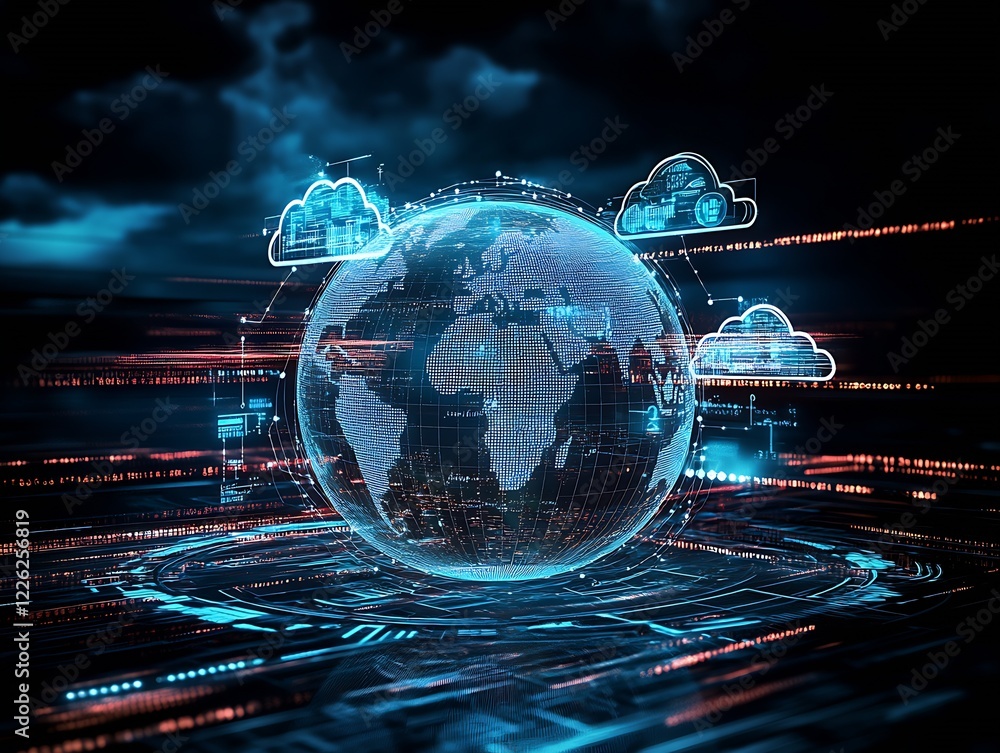 Poster Global Cyber Network and Cloud Computing Technology with a Futuristic Digital World Visualization : Generative AI