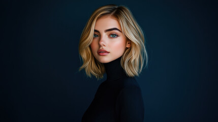 Naklejka premium A glamorous shot of a radiant blonde woman with voluminous hair, dressed in a form-fitting black outfit, illuminated by soft directional lighting