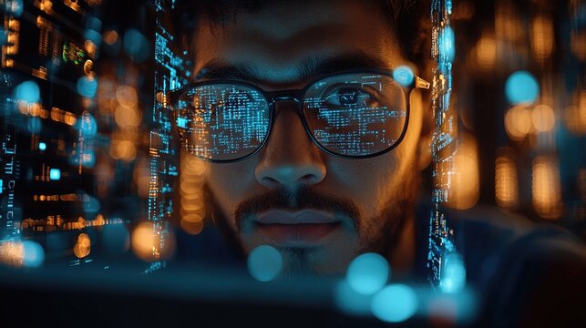 Young hispanic man engaging with futuristic digital interface at night