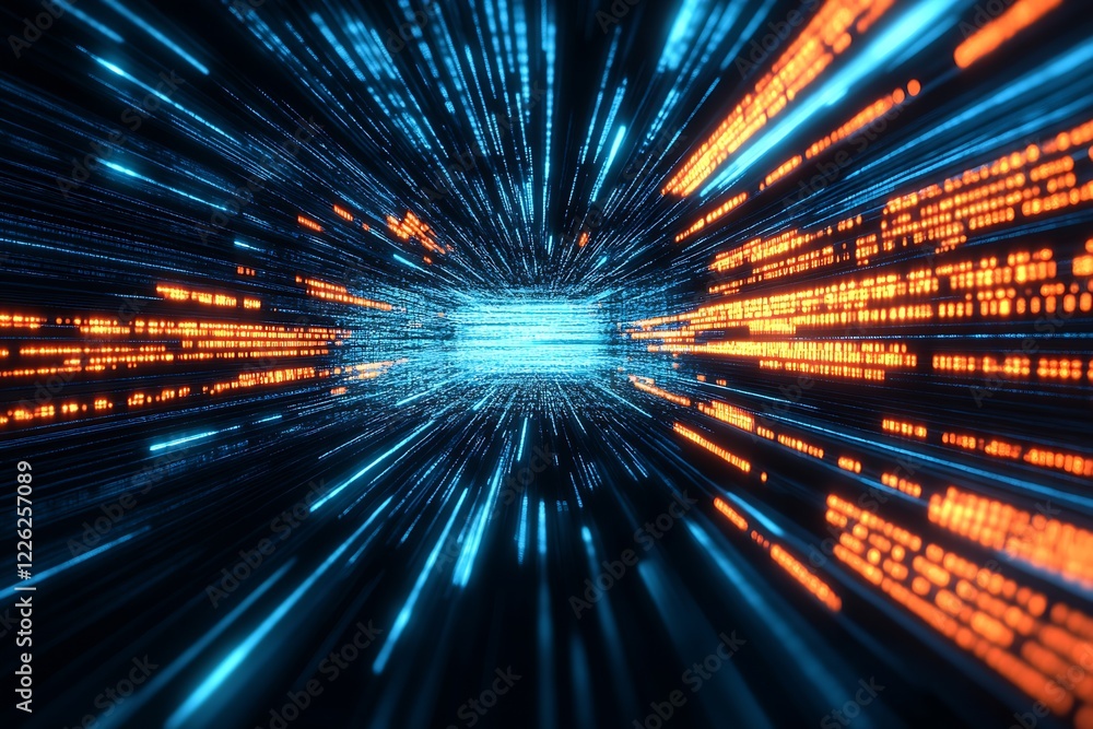 Poster Vibrant Digital Tunnel of Escaping Data Streams and Light Streaks : Generative AI