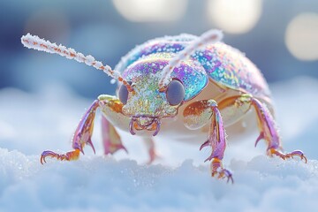 Fototapeta premium Vibrant iridescent beetle covered in frost, on snow. Perfect for winter, nature, or insect themes, evokes wonder.
